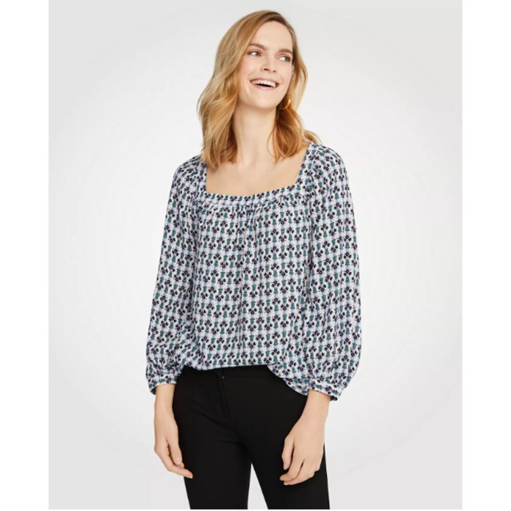 Ann Taylor Oversized Flowing Puff Sleeve Floral Square Neck Blouse